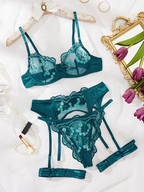 Teal Floral Embroidered Mesh Lingerie Set with Garters