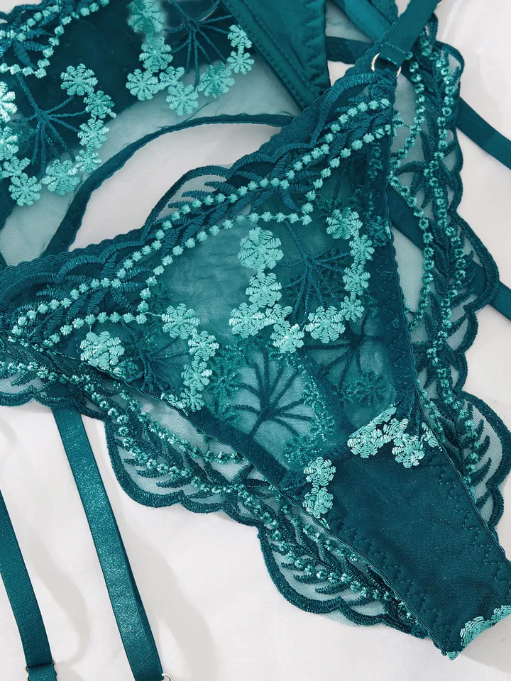 Teal Floral Embroidered Mesh Lingerie Set with Garters