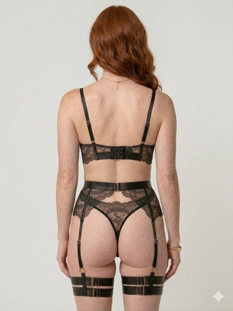 Black Strappy Harness Lingerie Set – Lace Bra, Garter Belt & Thigh Garters