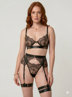 Black Strappy Harness Lingerie Set – Lace Bra, Garter Belt & Thigh Garters