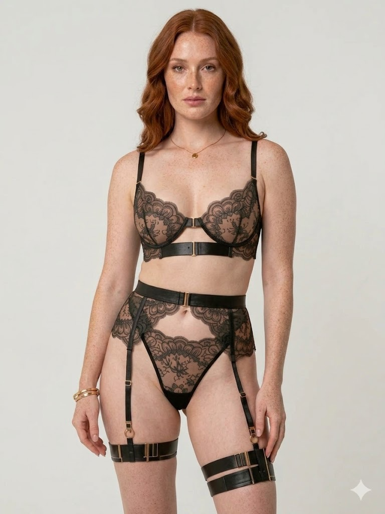 Black Strappy Harness Lingerie Set – Lace Bra, Garter Belt & Thigh Garters