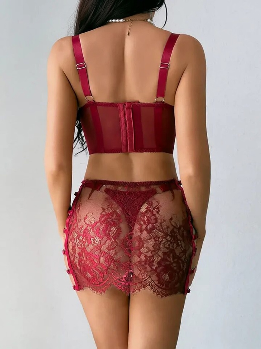 Red Floral Lace Bralette & Strappy Skirt Lingerie Set