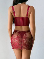 Red Floral Lace Bralette & Strappy Skirt Lingerie Set